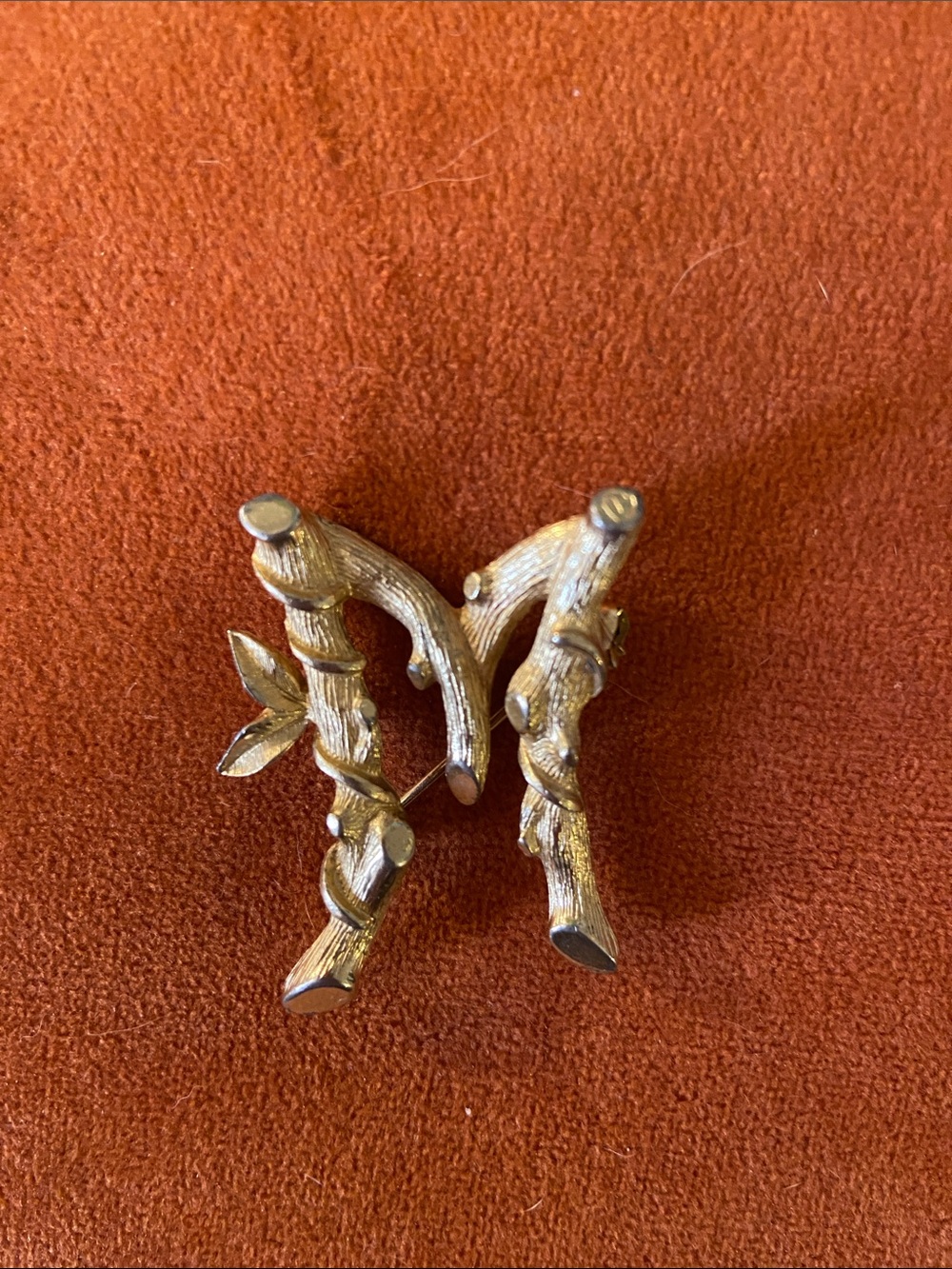 Vintage Letter M Branch Brooch with Leaf Detail